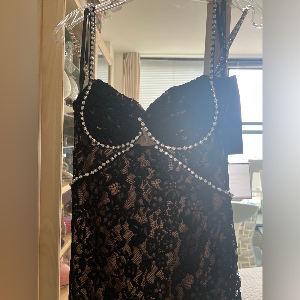 Self Portrait Black Lace Rhinestone Embellished Shoulder Strap Long Dress NWOT - Picture 6 of 14